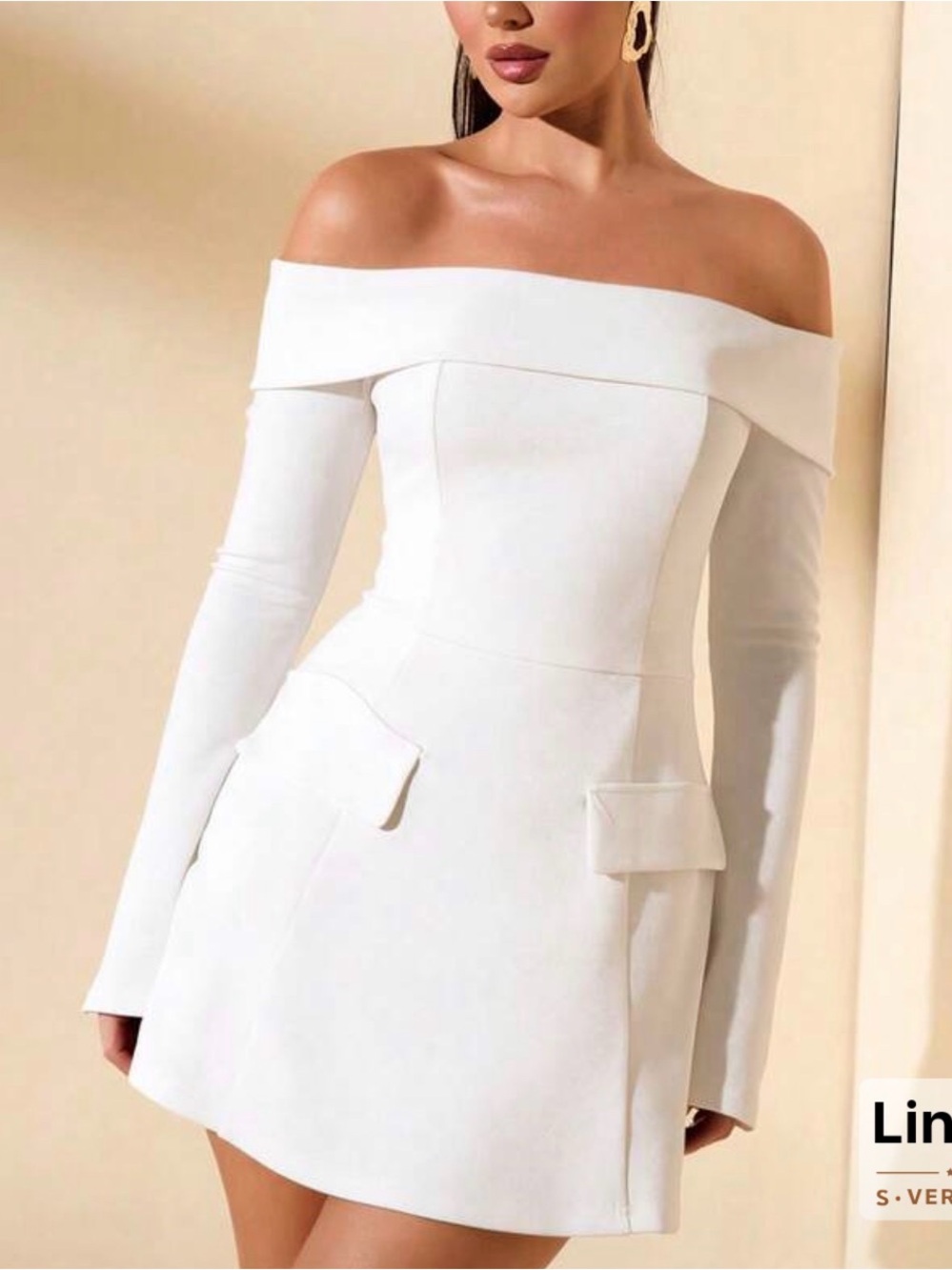 Off-Shoulder Long-Sleeve White Dress with Flare Skirt XS